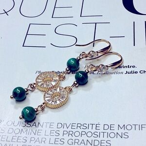 Yellow Gold Earrings-Zirconia Stones & Malachite Beads